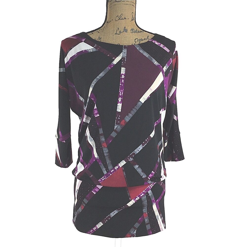 White House Black‎ Market Top SMALL Red Purple Abstract Stripe Open Keyhole Back